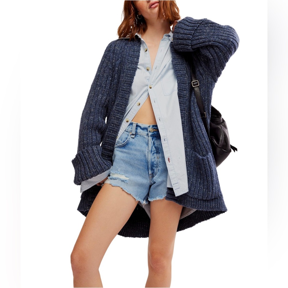 Free People Blue Blossom Cotton Open Front Cardigan
